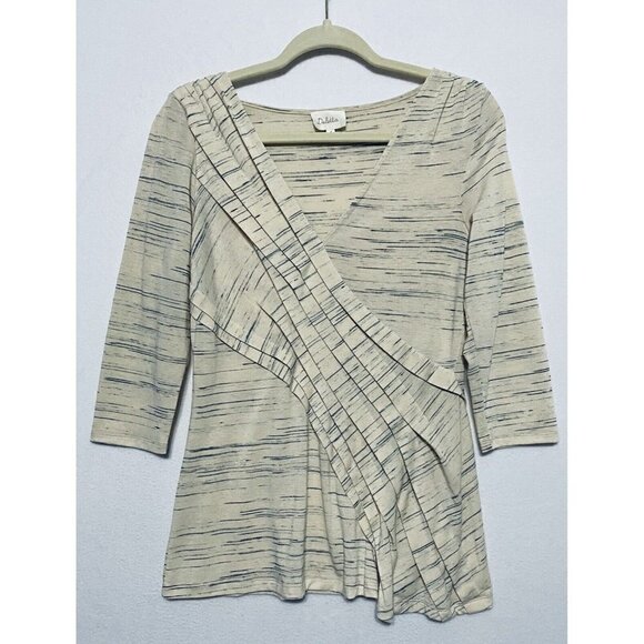 Anthropologie Deletta Womens Medium Ivory Blue Pleated Top V Neck Stretch - Picture 2 of 7